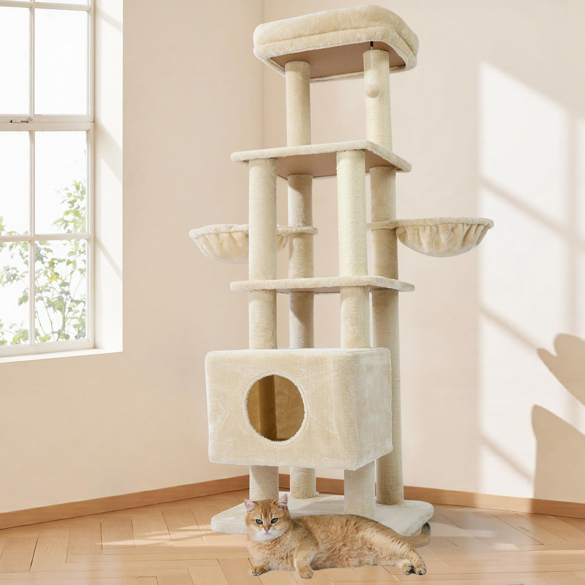 Gardner Pet 65in cat tree shows an ultra-stable base for multi-cat play and safe lounging.