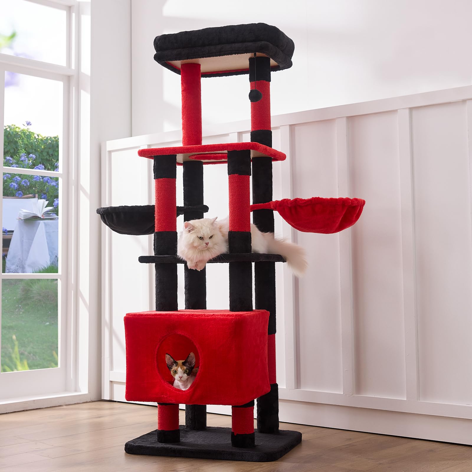 Gardner Pet 65in cat tree side view highlights sturdy multi-level fun for large cats.