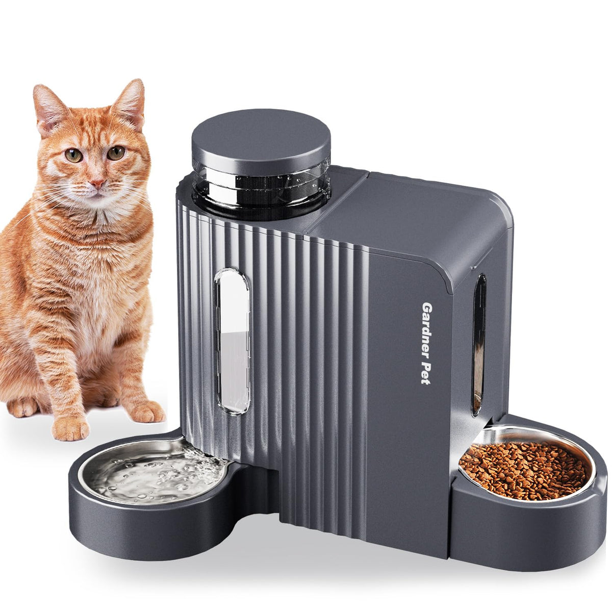 Gardner Pet gravity feeder front view demonstrates two-pet feeding convenience.