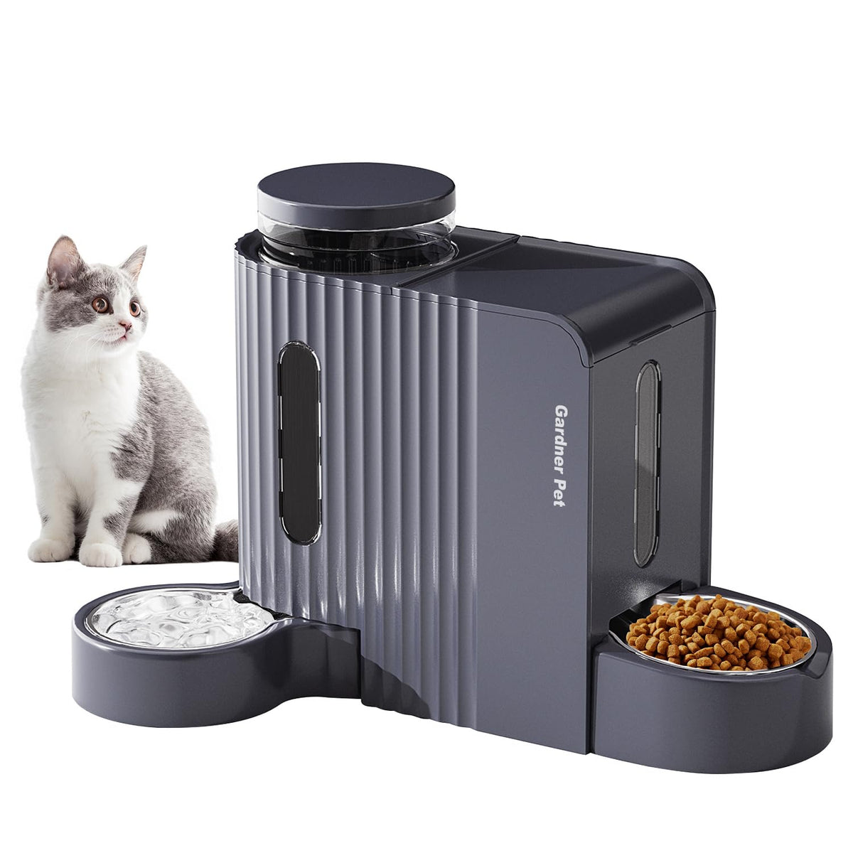 Gardner Pet gravity feeder left view for hands-free feeding