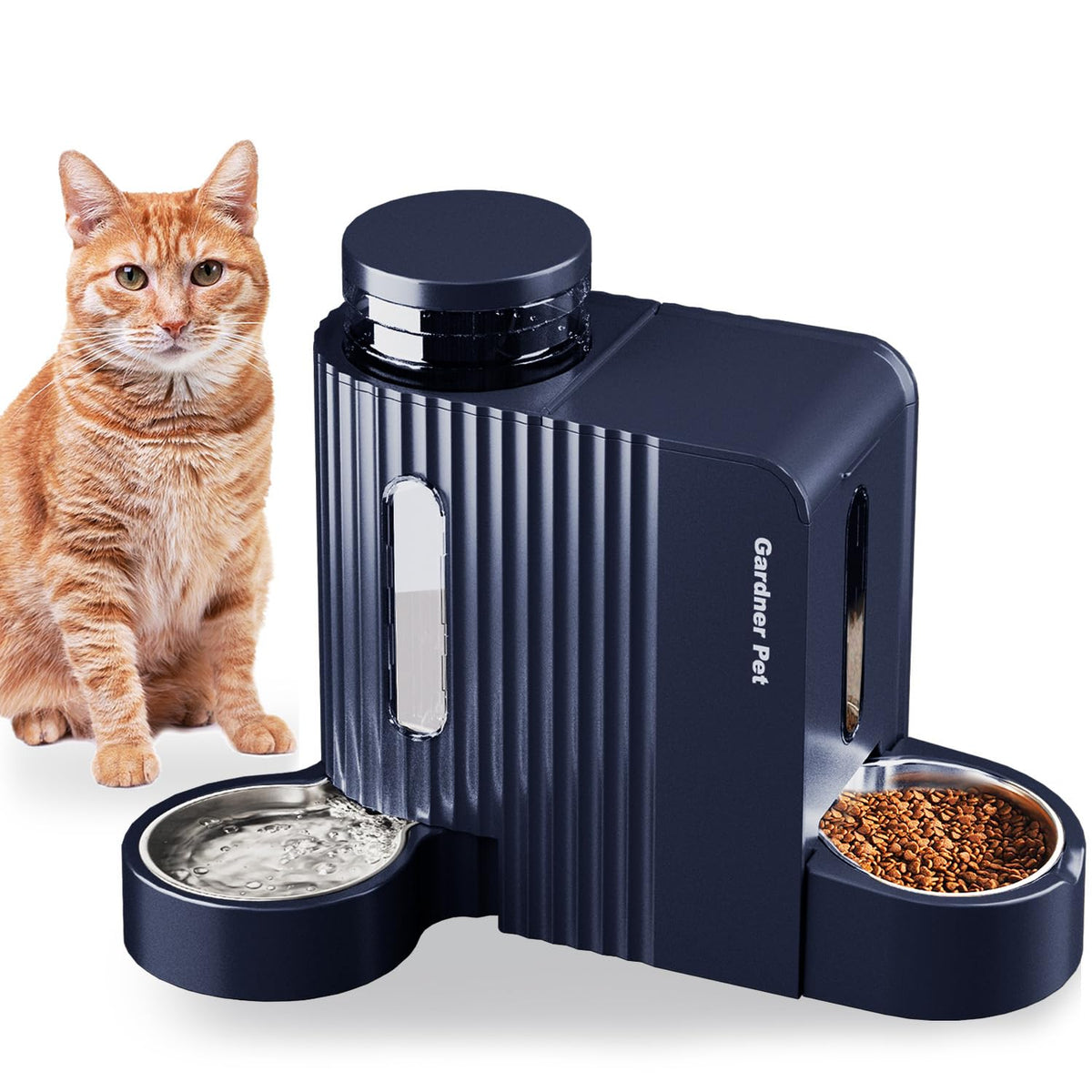 Gardner Pet gravity feeder and water dispenser front view demonstrates stable, spill-resistant setup.