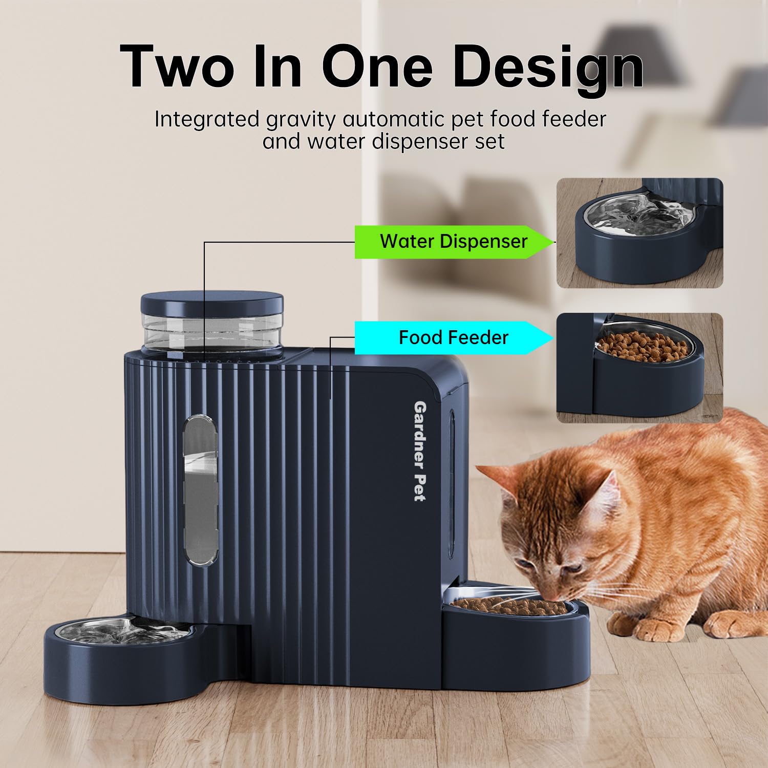 Gardner Pet gravity system side view shows easy access and space-saving design.