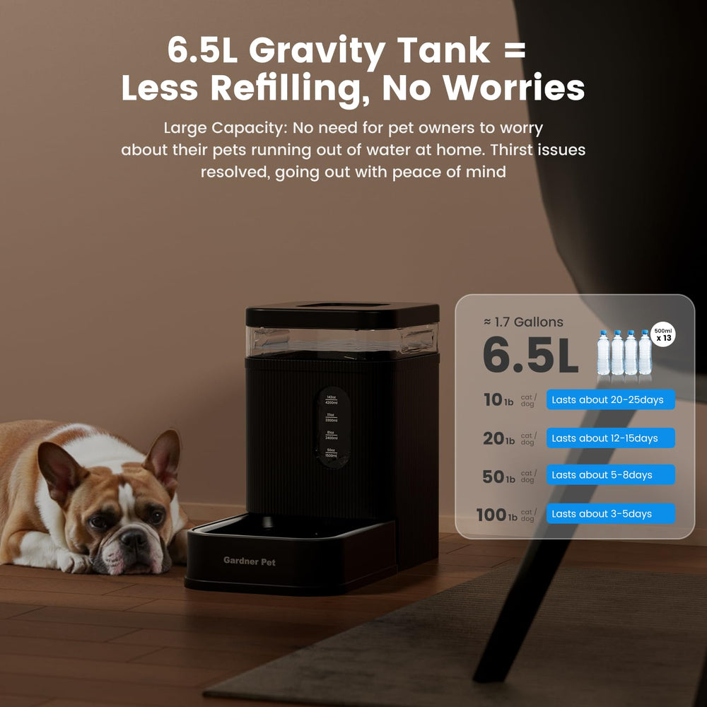 Gardner Pet water dispenser bowl close-up showing stainless steel bowl for easy cleaning.