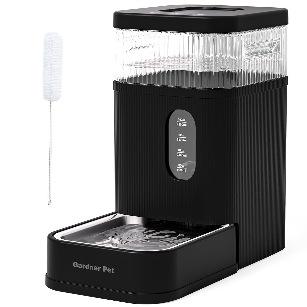 Gardner Pet automatic water dispenser stainless steel bowl close-up for clean hydration.