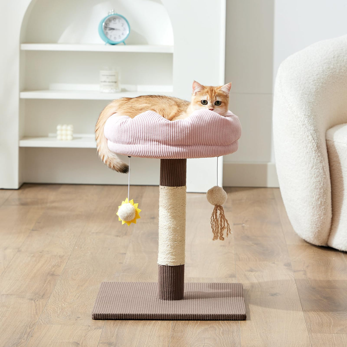 Gardner Pet cat tree corduroy bed shows plush lounging perch with detachable cover for easy cleaning