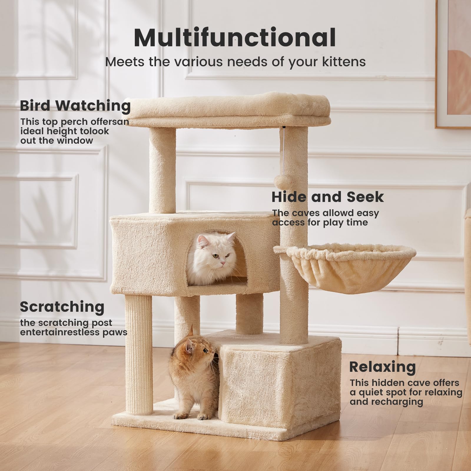Gardner Pet cat tree hanging ball closeup showcases interactive play for multi-cat homes.