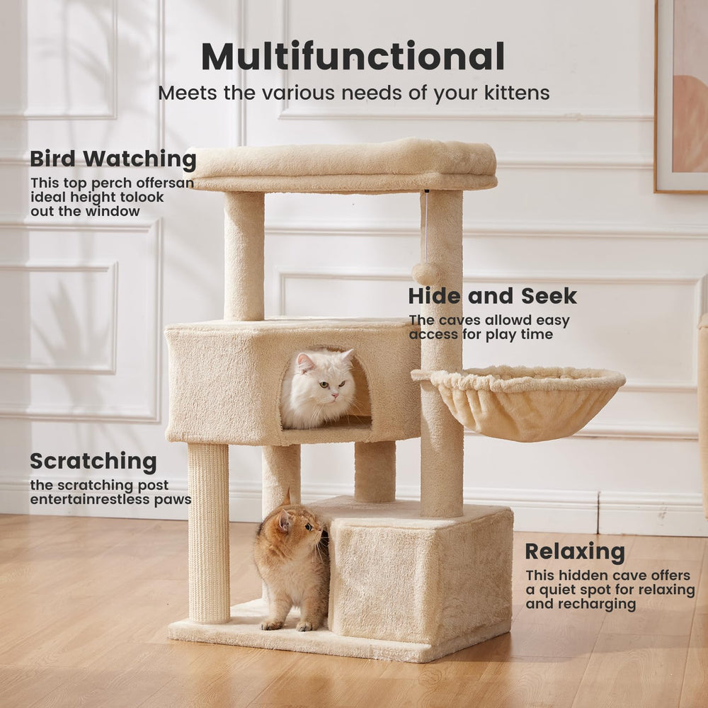 Gardner Pet cat tree hanging ball closeup showcases interactive play for multi-cat homes.