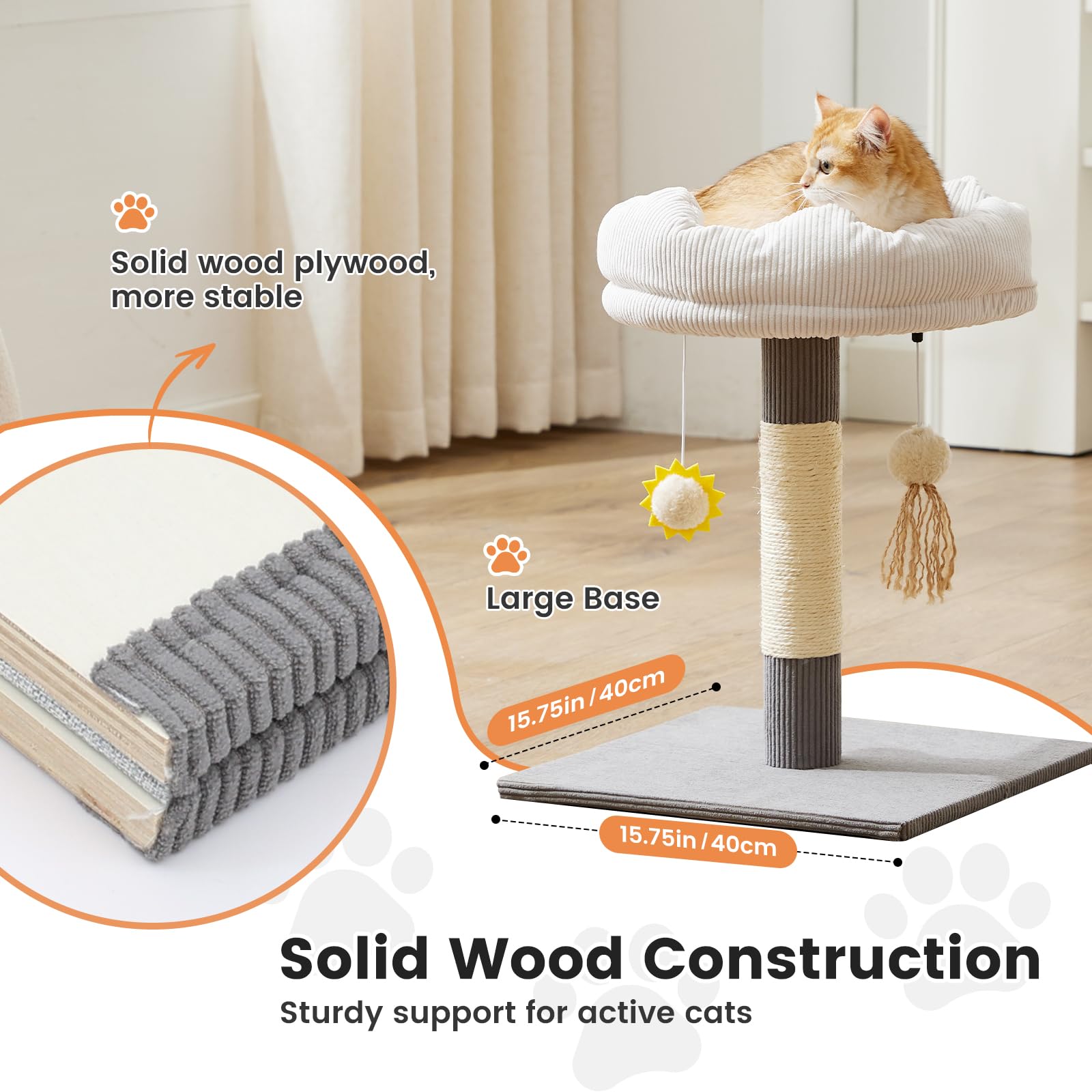 Gardner Pet solid wood base provides stable support during playful moments.