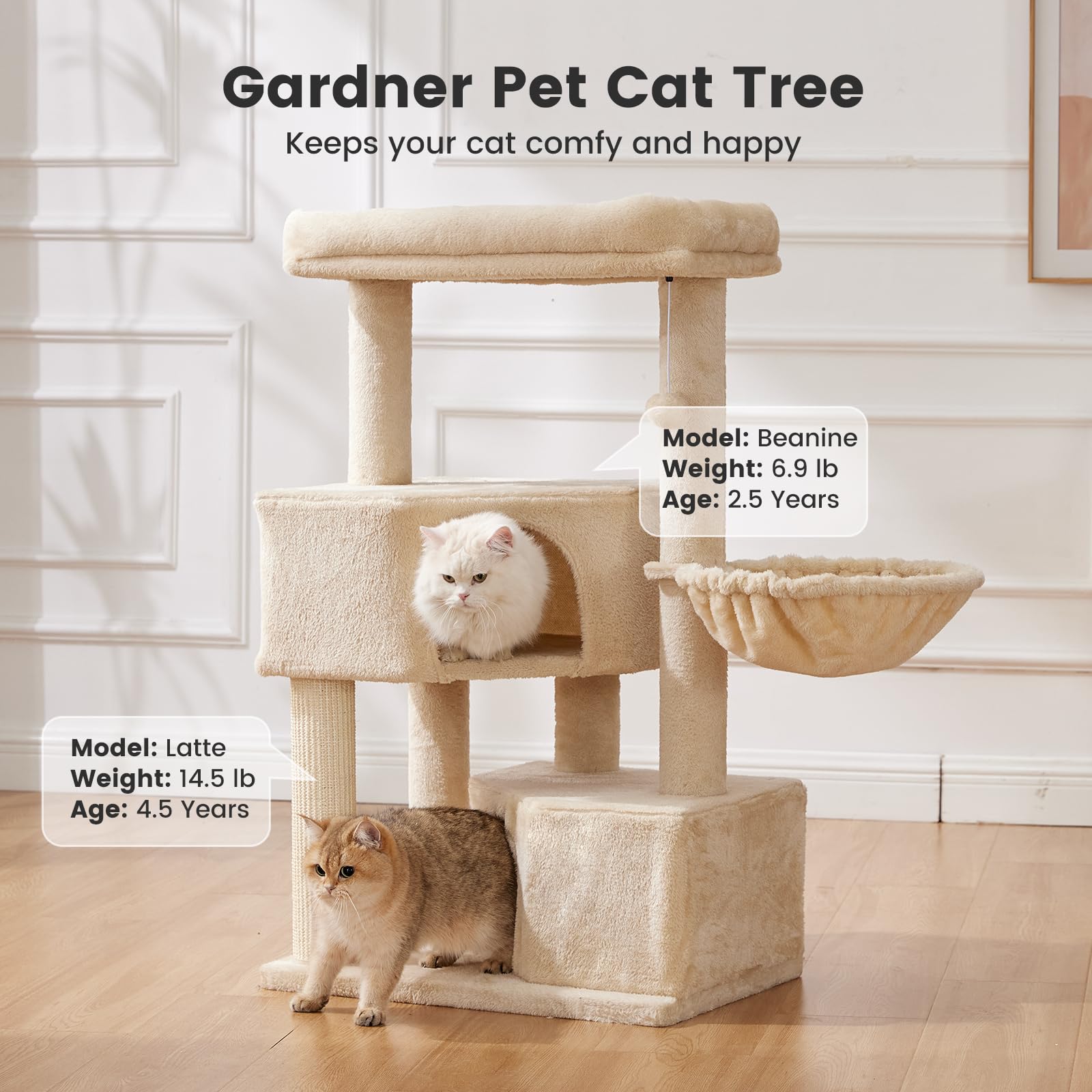 Gardner Pet cat tree top perches closeup show washable surfaces for easy cleaning and naps.