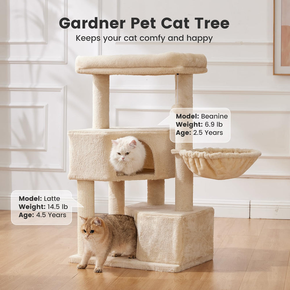 Gardner Pet cat tree top perches closeup show washable surfaces for easy cleaning and naps.