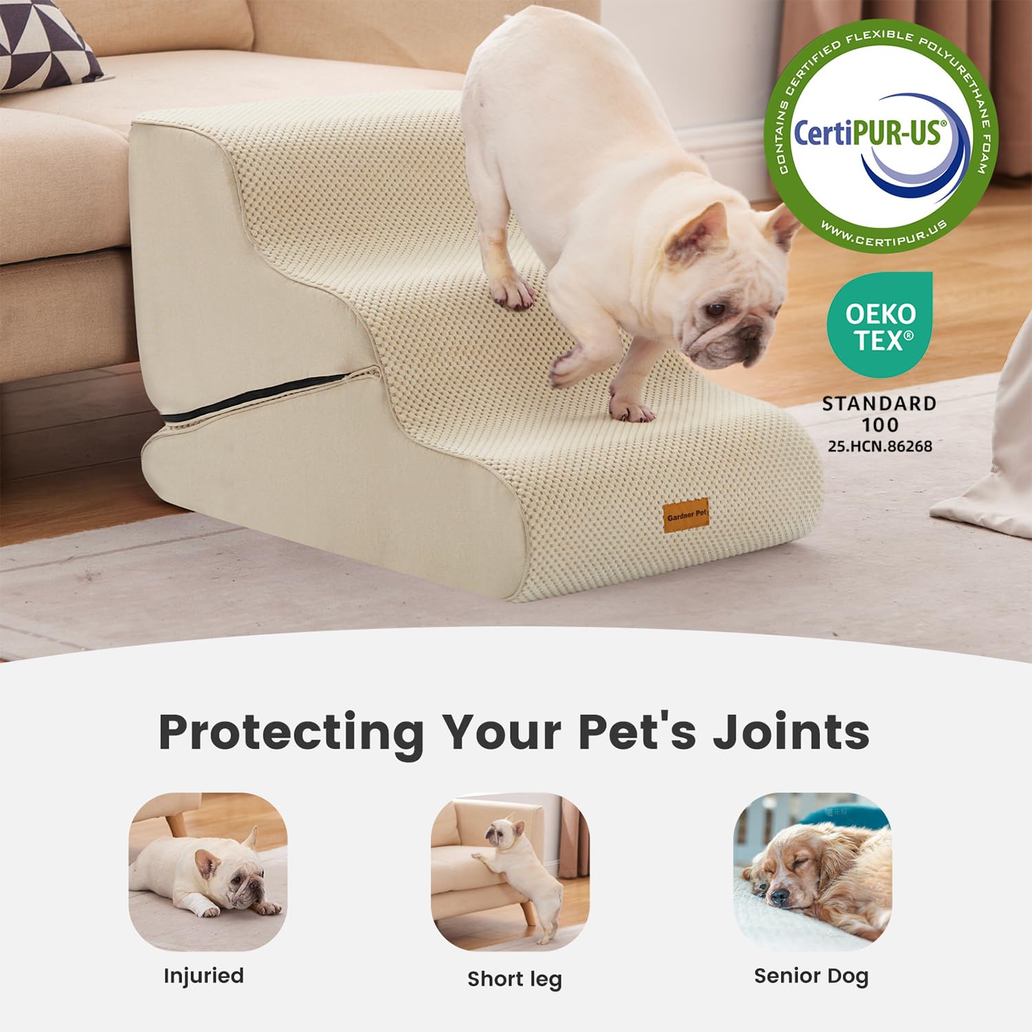 Gardner Pet CertiPUR-US foam detail emphasizes quality support for small dogs.