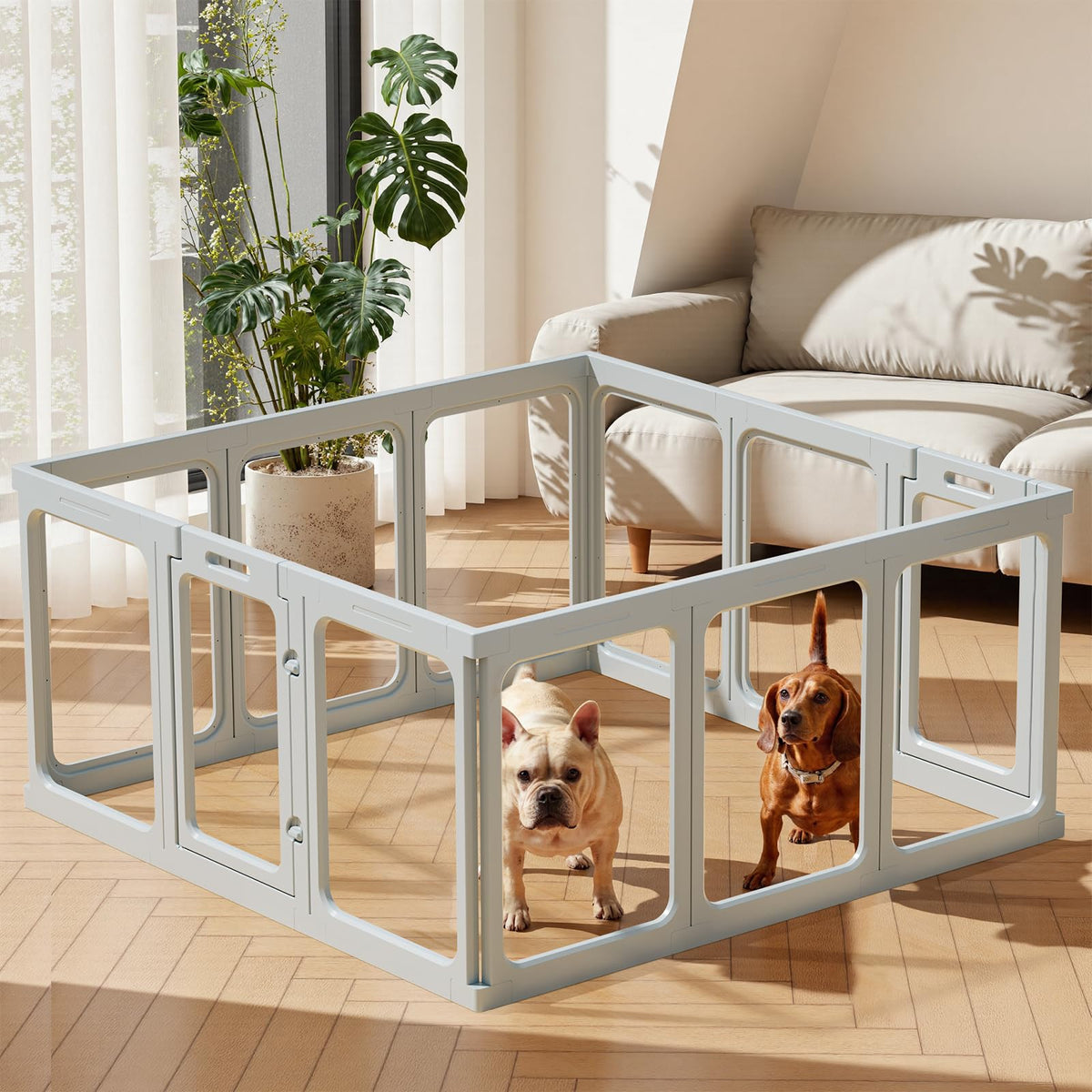 Gardner Pet clear acrylic dog playpen side view highlights sturdy build and easy supervision