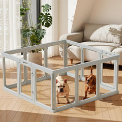 Gardner Pet clear acrylic dog playpen side view highlights sturdy build and easy supervision