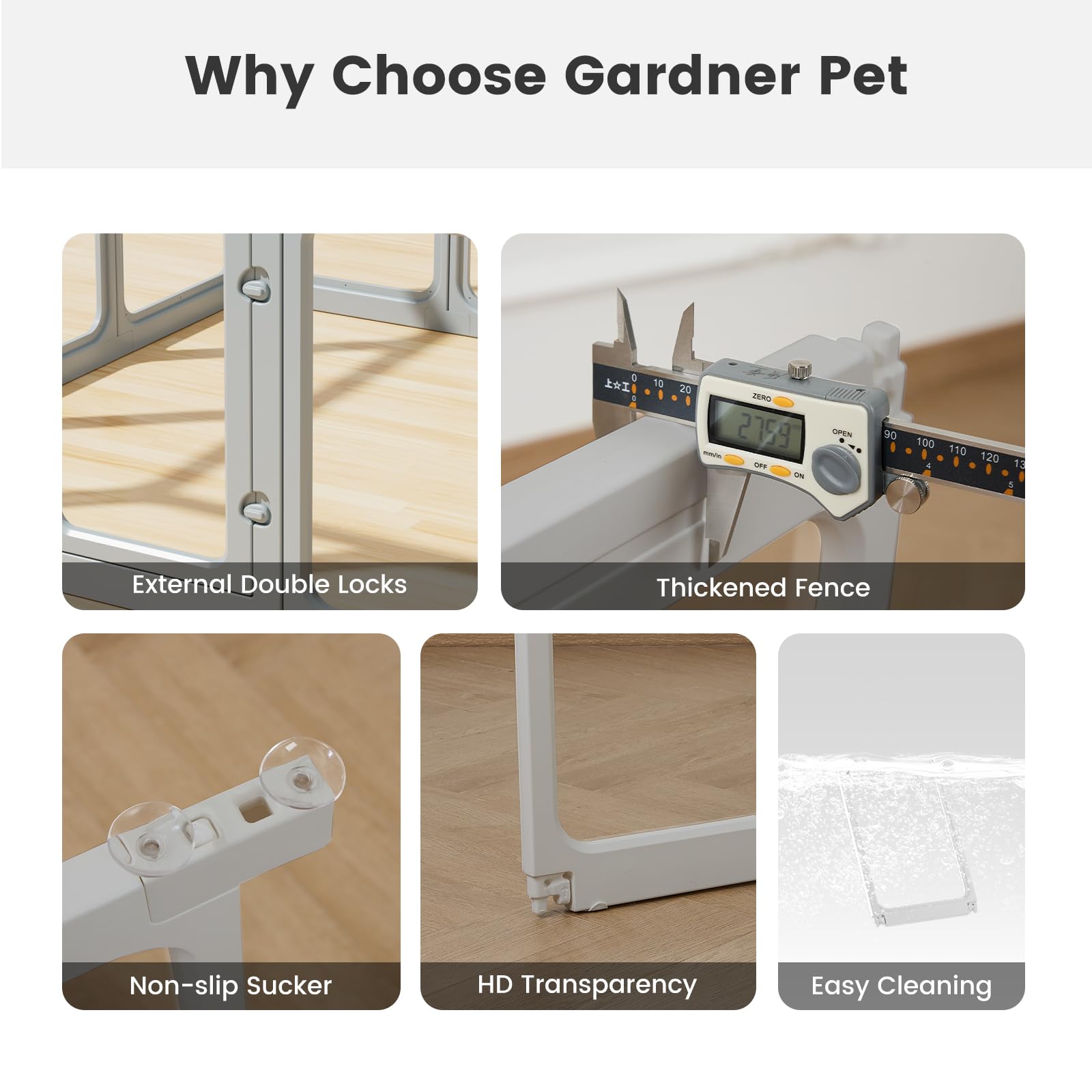 Gardner Pet playpen anti-slip bottom and connectors stabilize on floors
