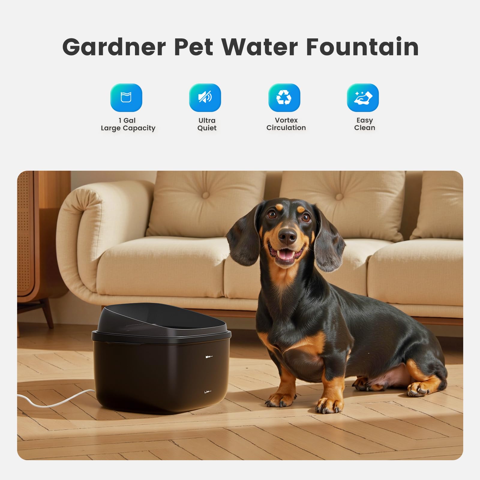 Gardner Pet compact black fountain integrates easily with decor