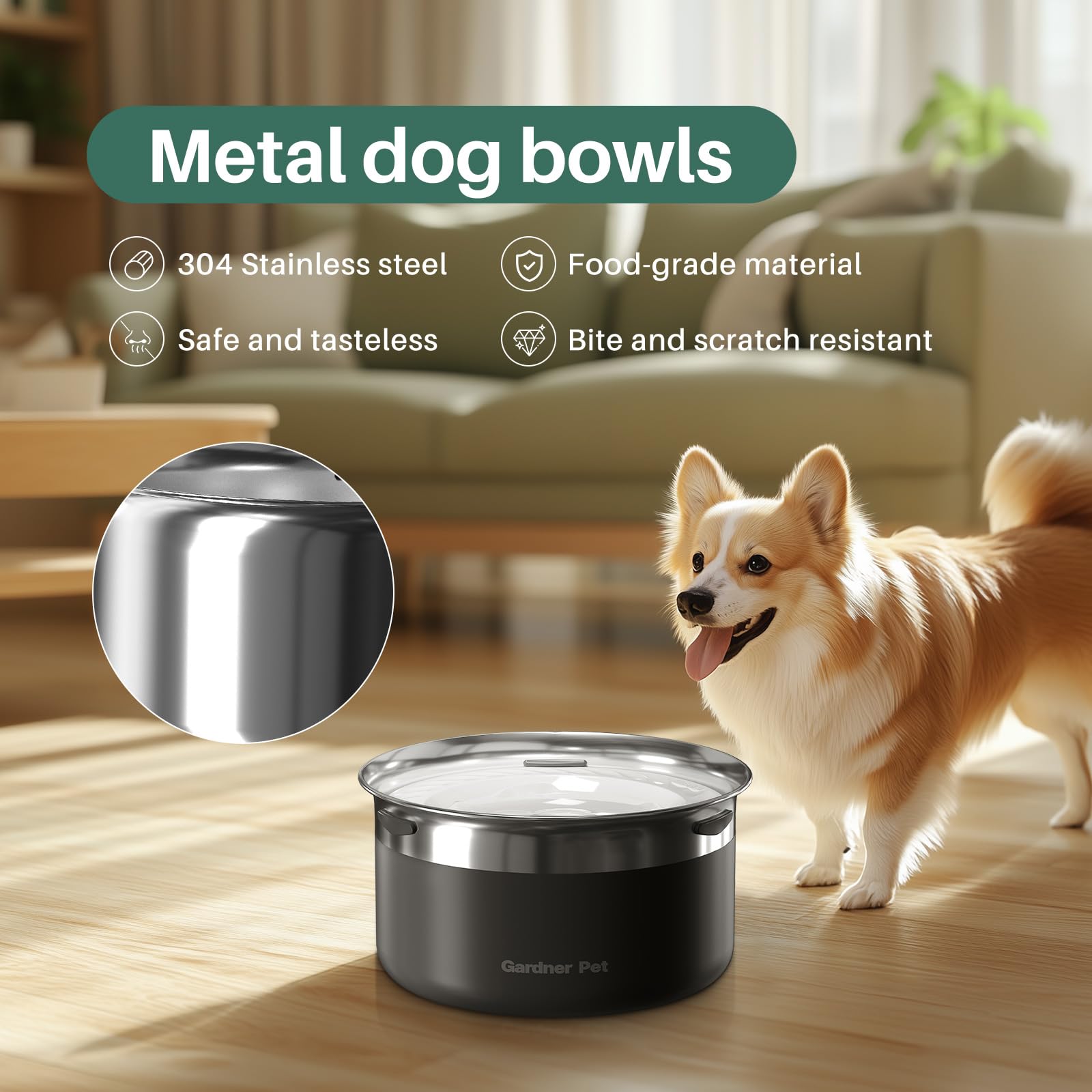 Gardner Pet large-capacity water bowl supports all-day hydration.