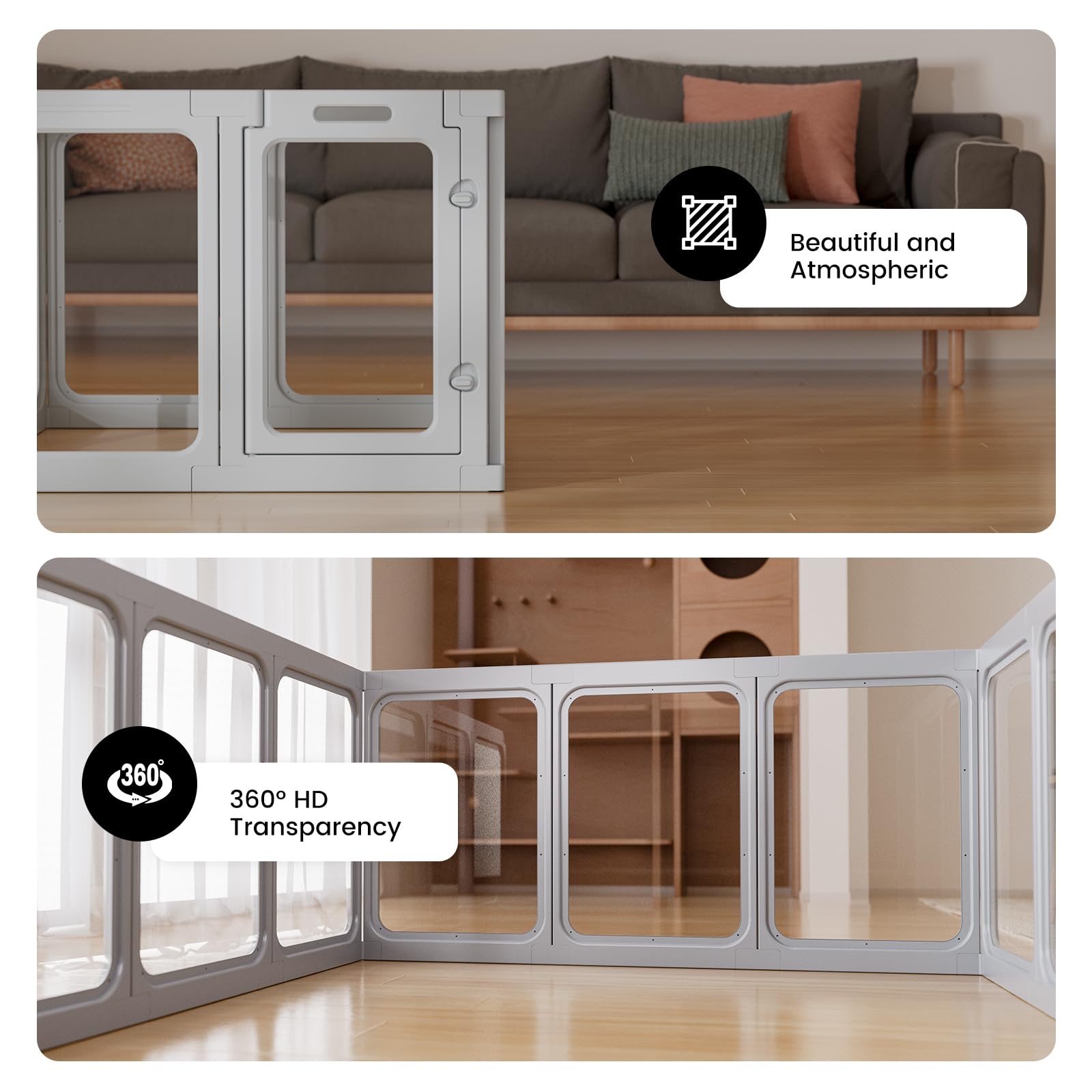 Gardner Pet playpen transparent panels enable open sightlines for calm pets