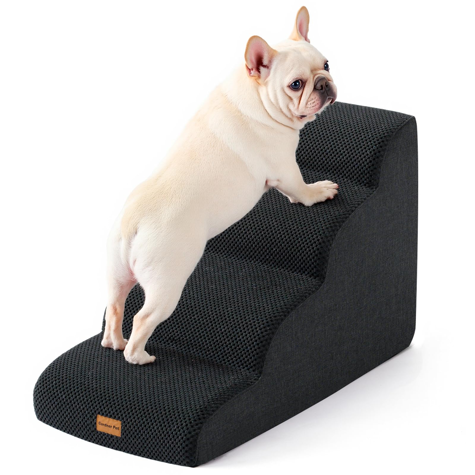 Gardner Pet dog stairs 4-step black curved bed view provides safe high-bed access.