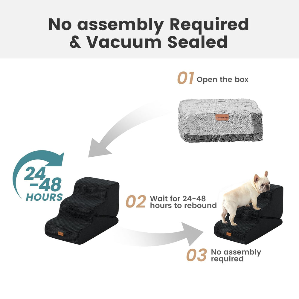 Gardner Pet dog stairs on bed demonstrate easy access to favorite spots.