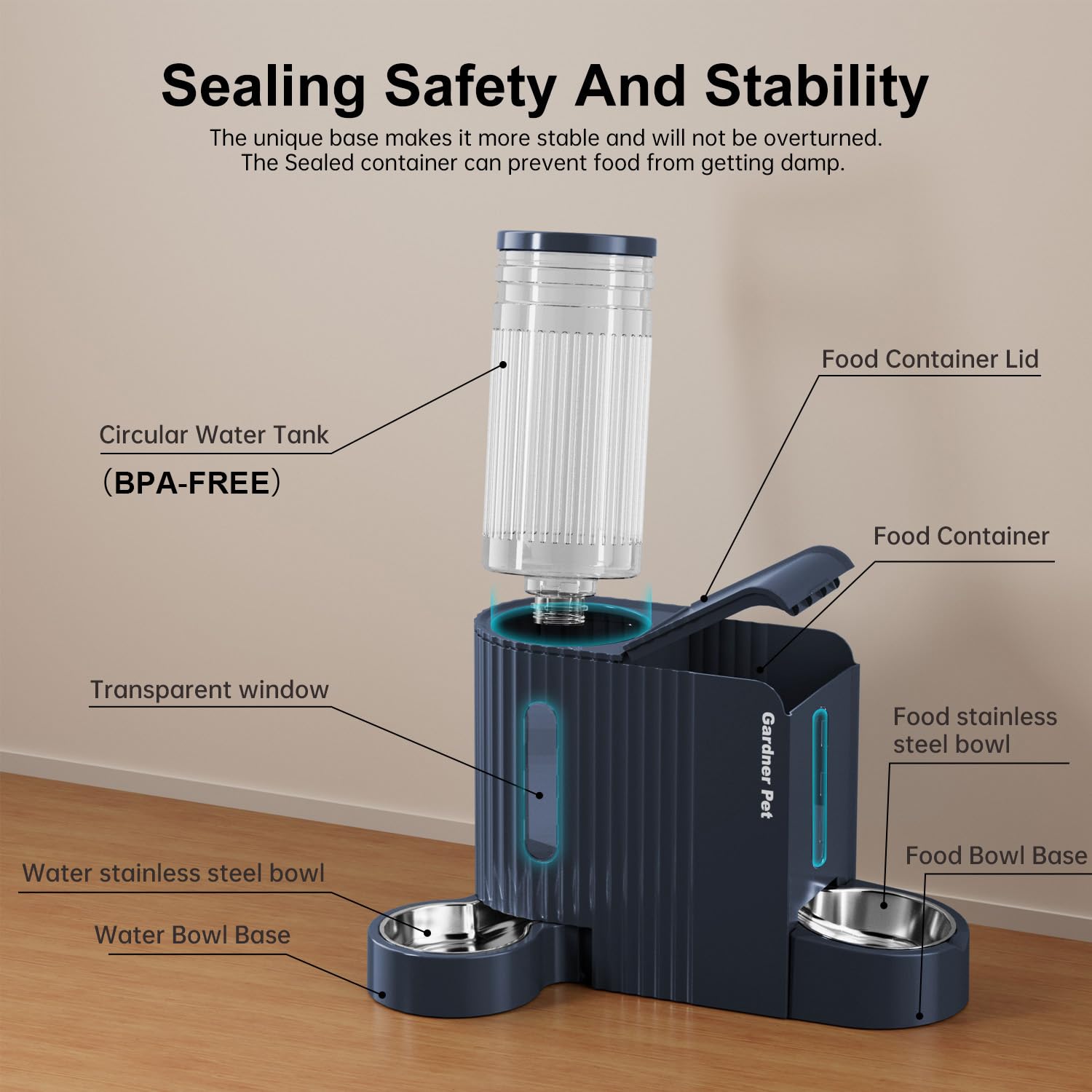 Gardner Pet dual-chamber design enables feeding and watering in one station.