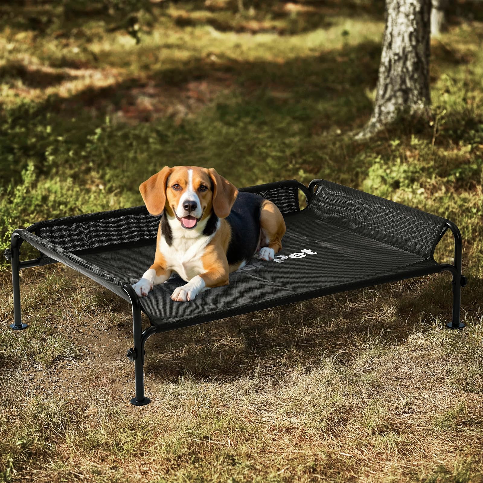 Gardner Pet elevated dog bed with three-sided guardrail offers secure outdoor naps.