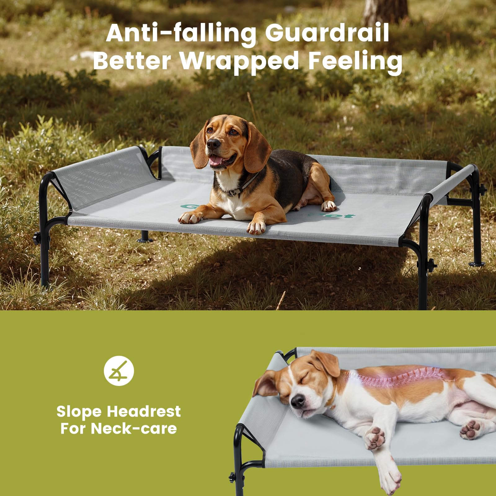 Gardner Pet elevated outdoor bed frame provides durable support for active dogs during adventures.