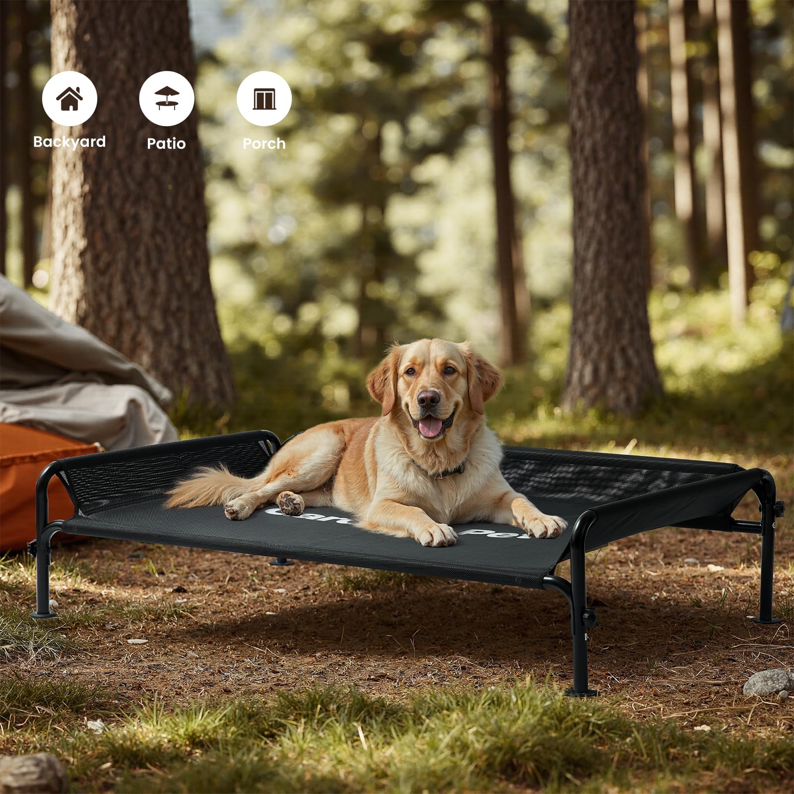 Gardner Pet waterproof mesh bed protects from damp ground for dry lounging.