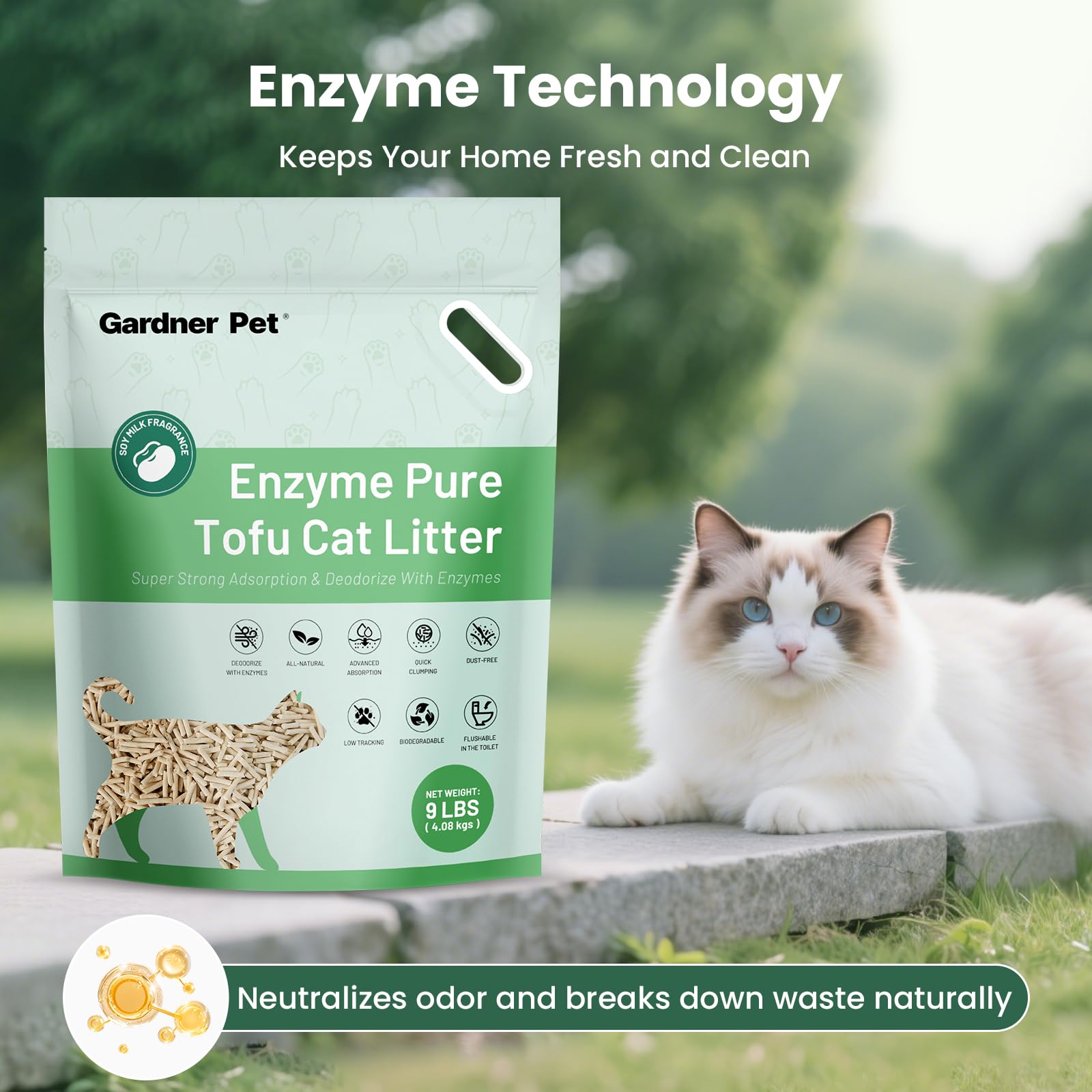 Gardner Pet Enzyme Tofu Cat Litter flushable clumps enable easy disposal.