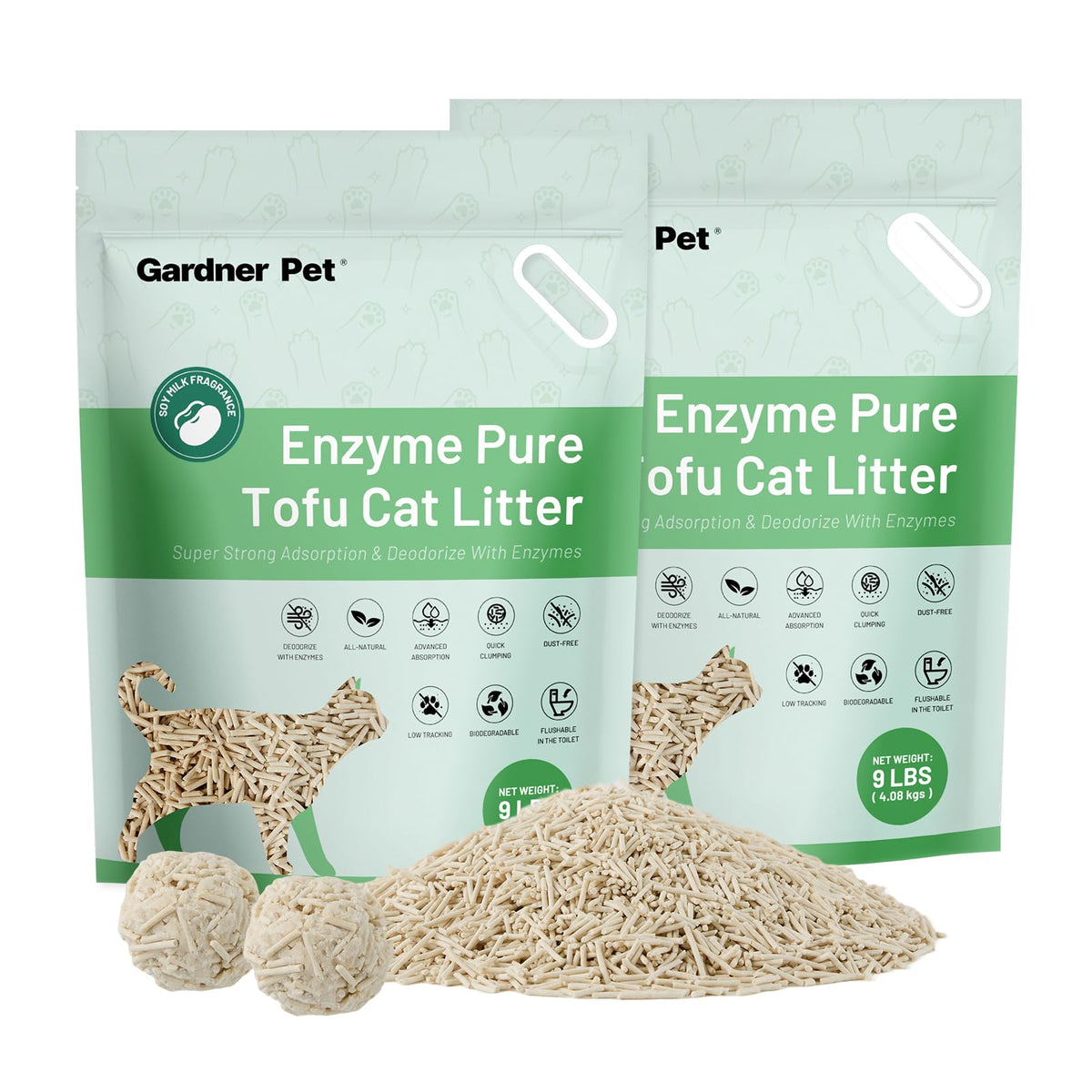 Gardner Pet Enzyme Tofu Cat Litter packaging highlights plant-based formula and odor control.