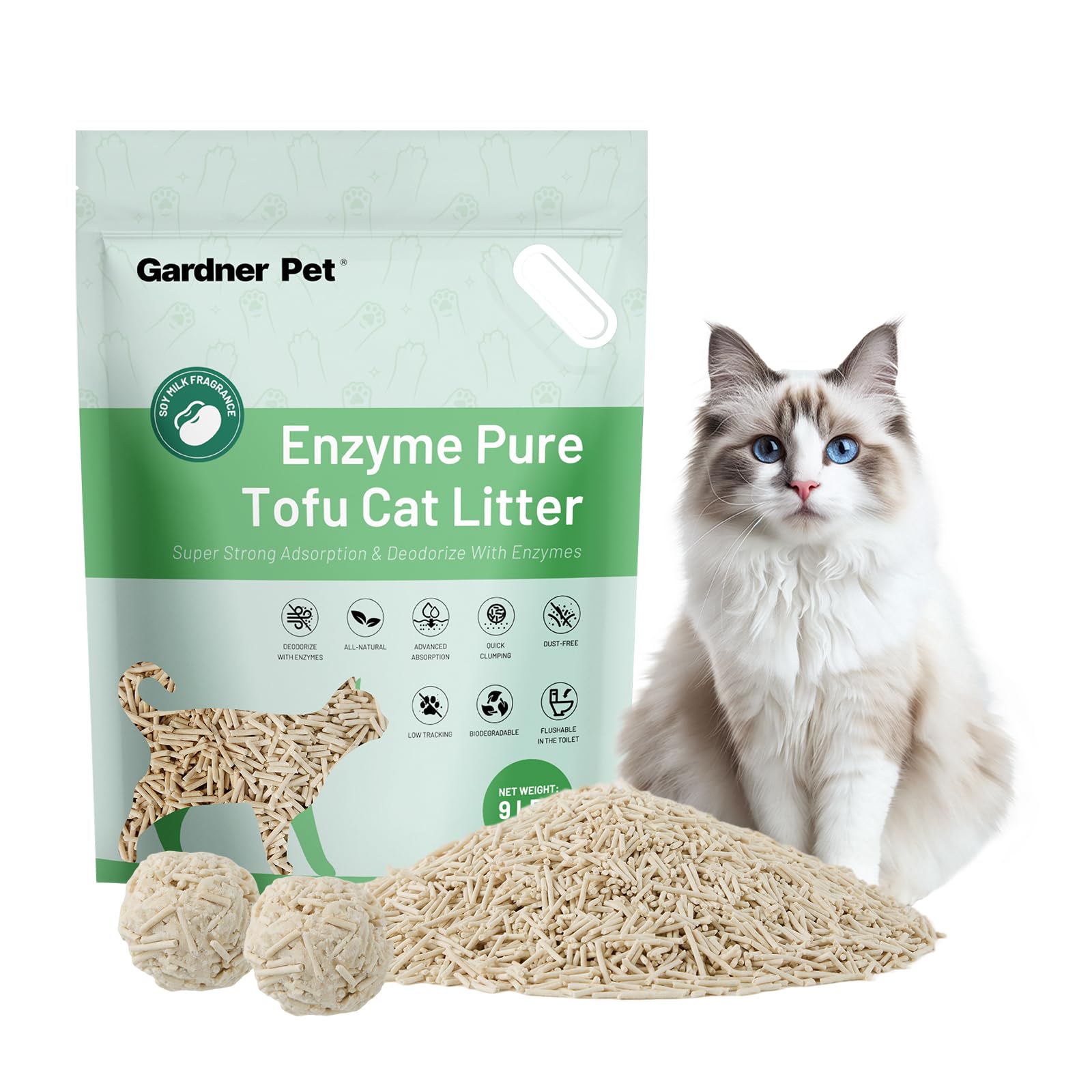 Gardner Pet Enzyme Tofu Litter showing odor-control action for a fresher home.