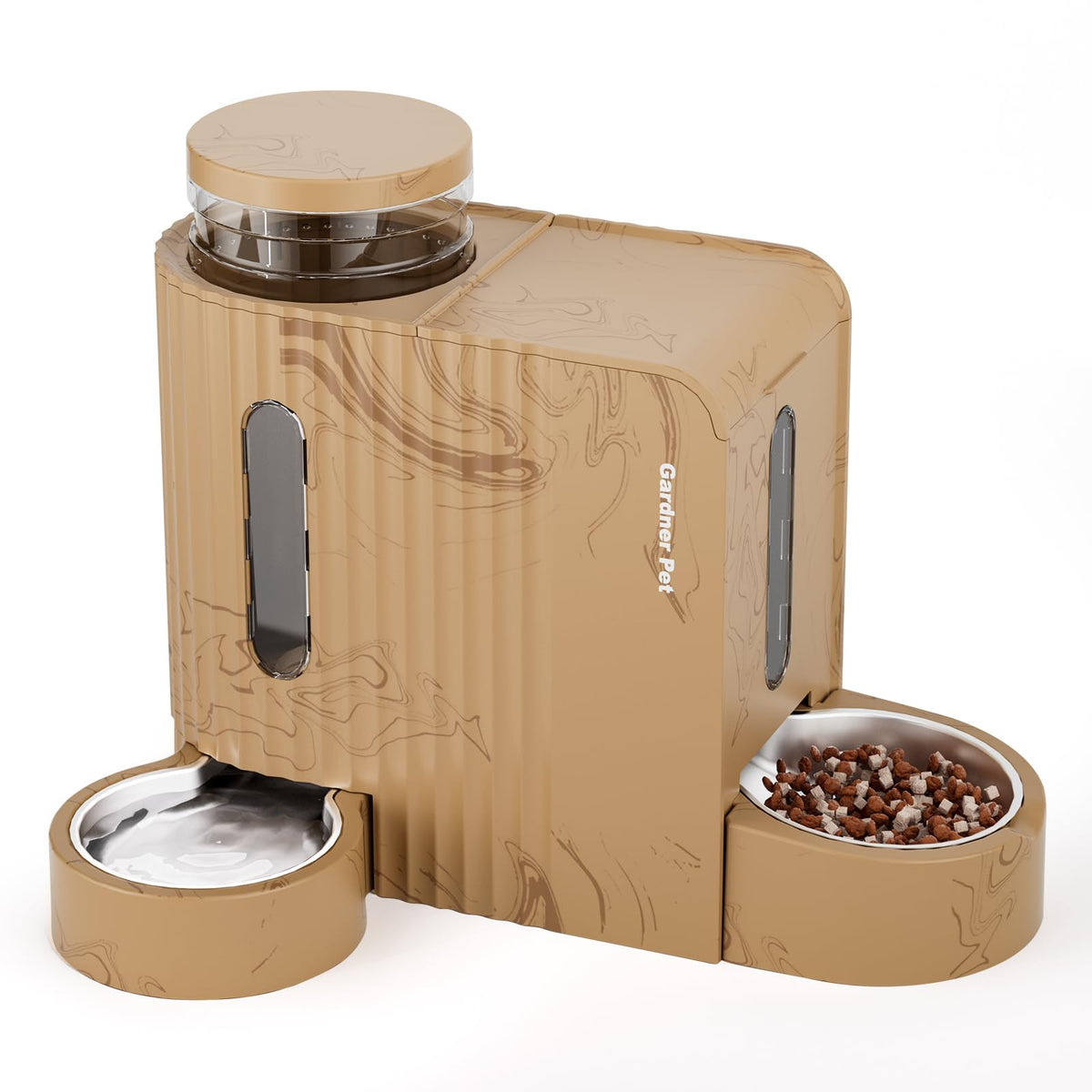 Gardner Pet Gravity automatic feeder 2in1 showing dry food portioning for trips
