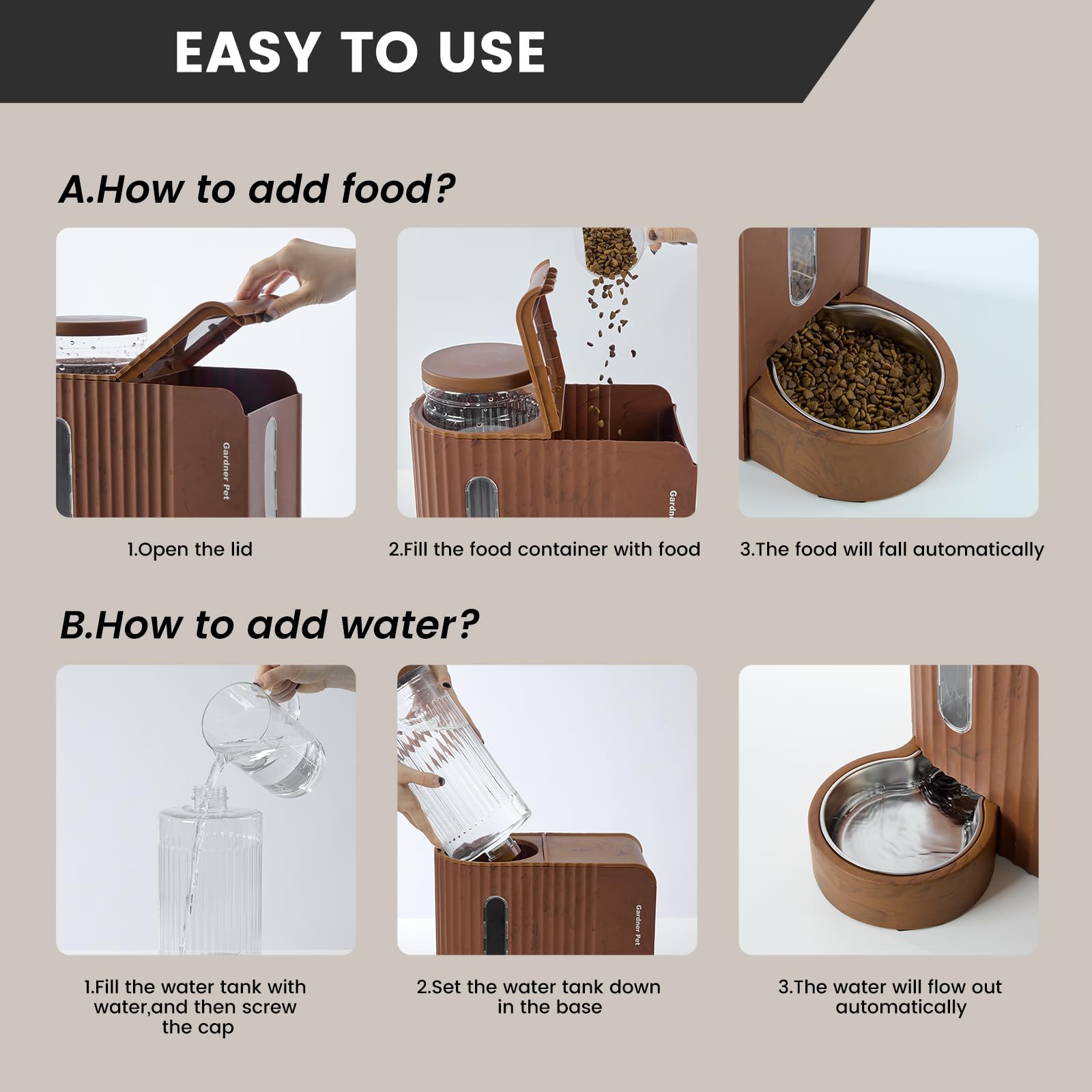 Gardner Pet gravity feeder dark woodgrain finish in a modern home setting.