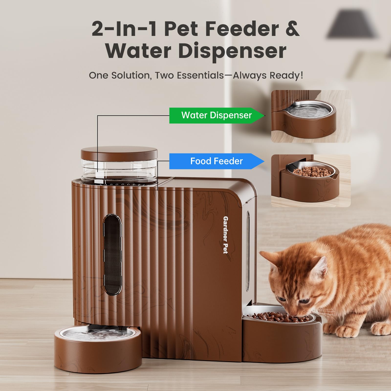 Gardner Pet gravity feeder food dish close-up highlighting 1.3 kg dry food capacity.