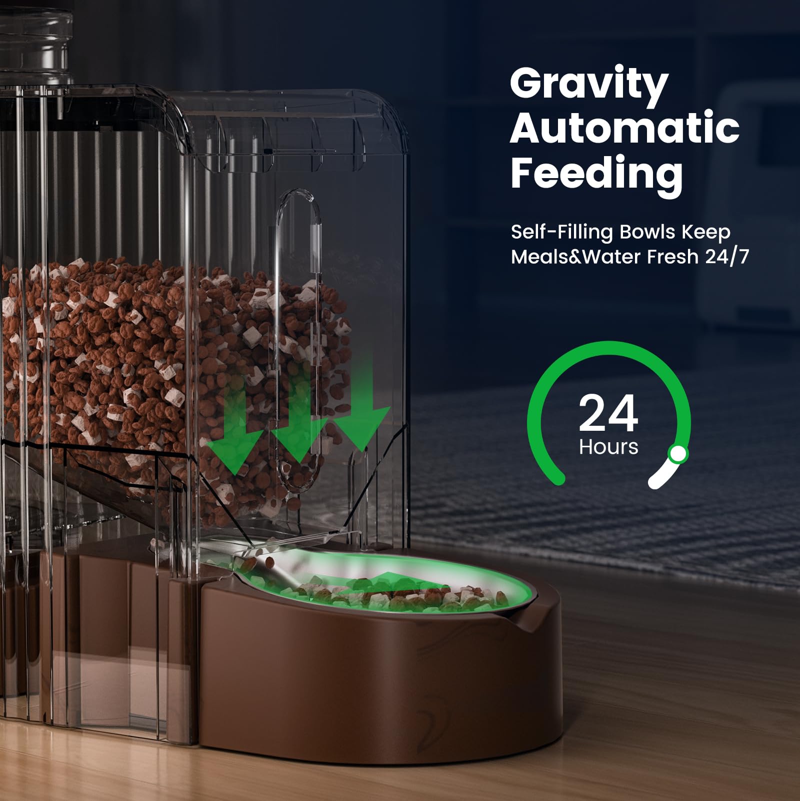 Gardner Pet gravity feeder water bowl close-up with rotating 180 degree feature.