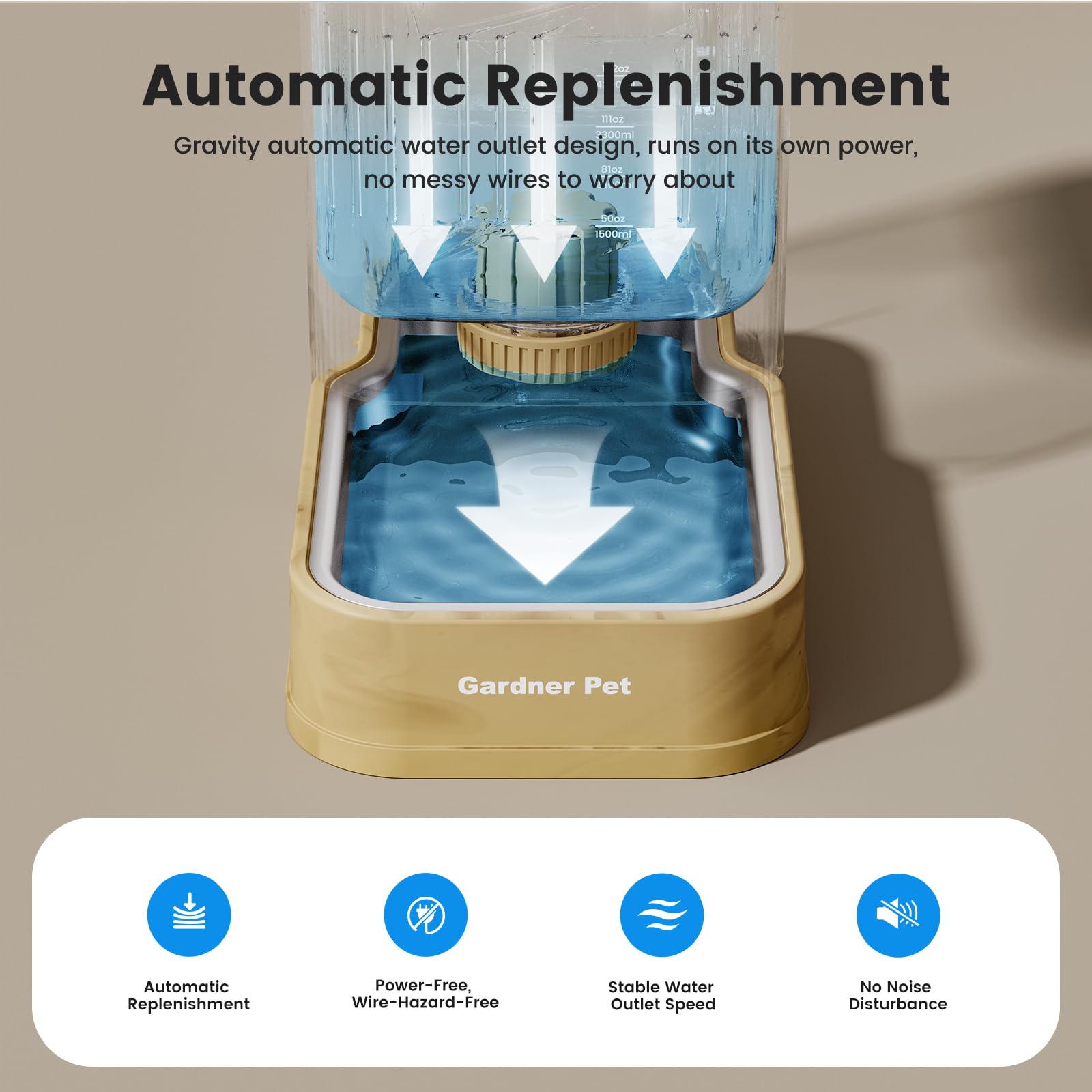 Gardner Pet gravity-fed-design provides hands-free refilling for busy households