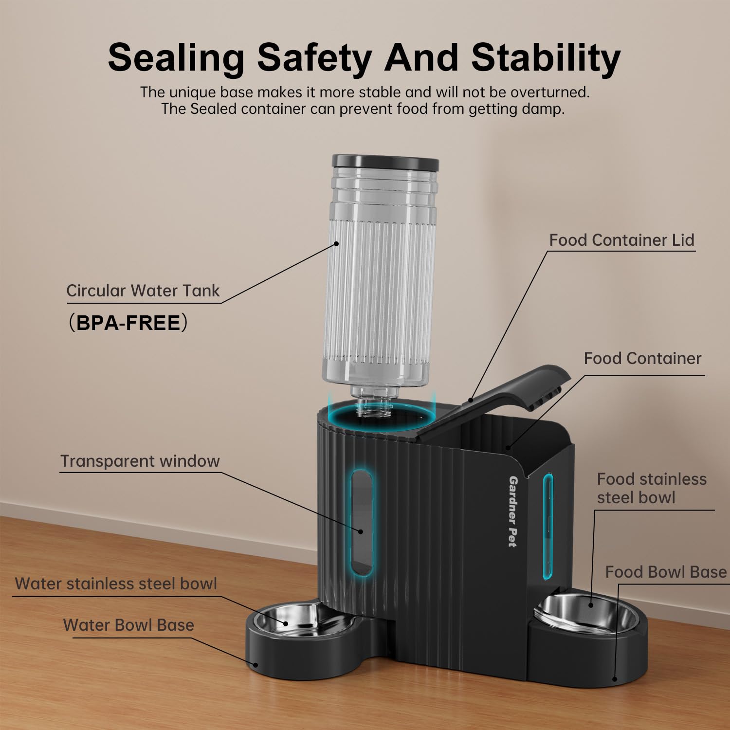 Gardner Pet non-slip base stabilizes the feeder on any floor surface.
