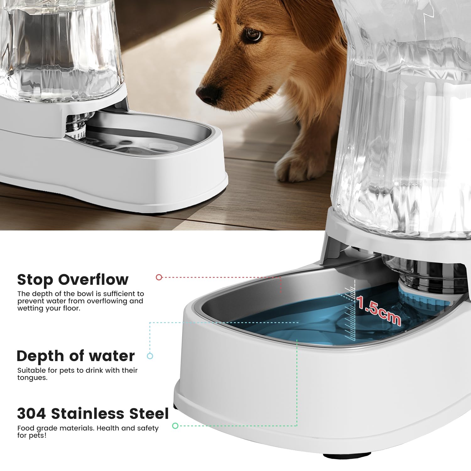 Gardner Pet outlet filter design helps keep water cleaner for healthier sipping.