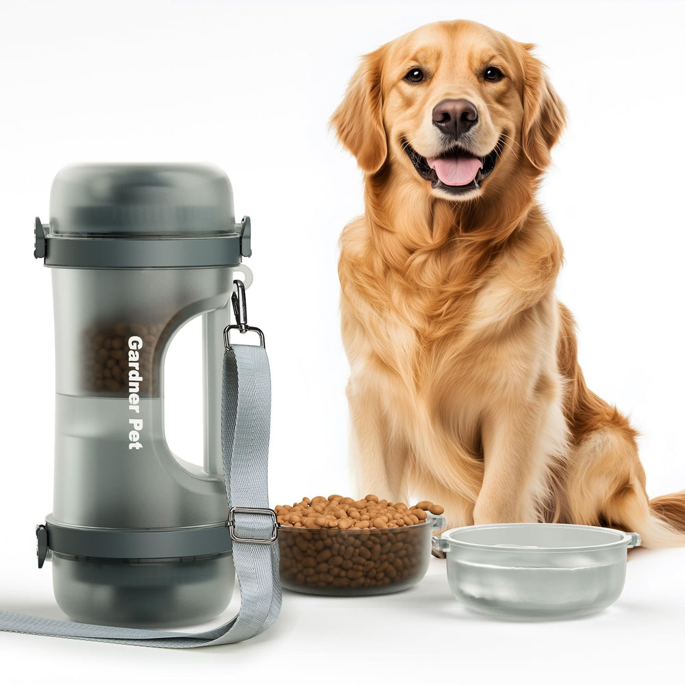 Gardner Pet portable dog water bottle food container 49.6oz keeps meals and hydration together on trips.