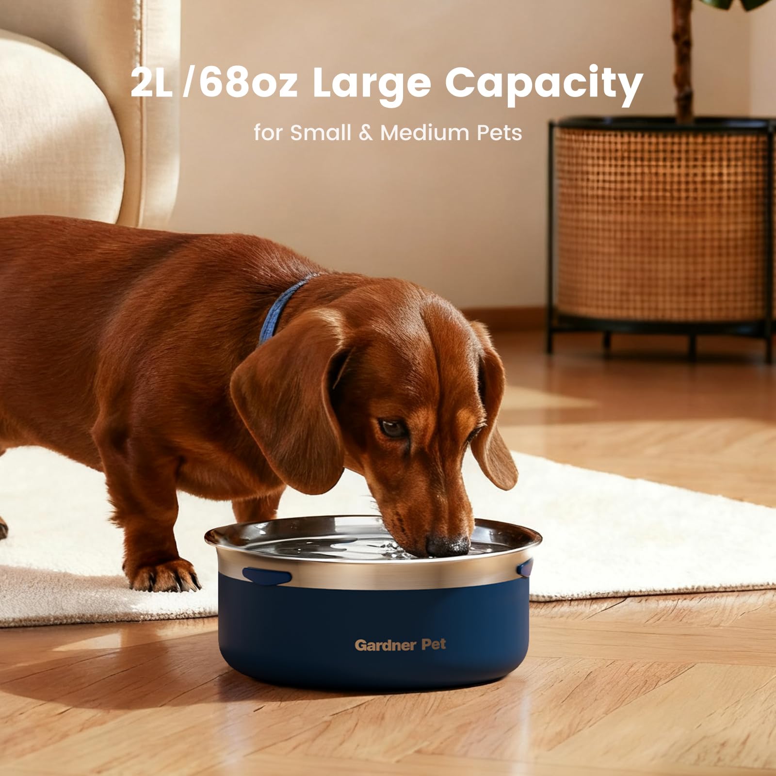 Gardner Pet Slow Water Bowl 2L capacity keeps hydration ready for days.