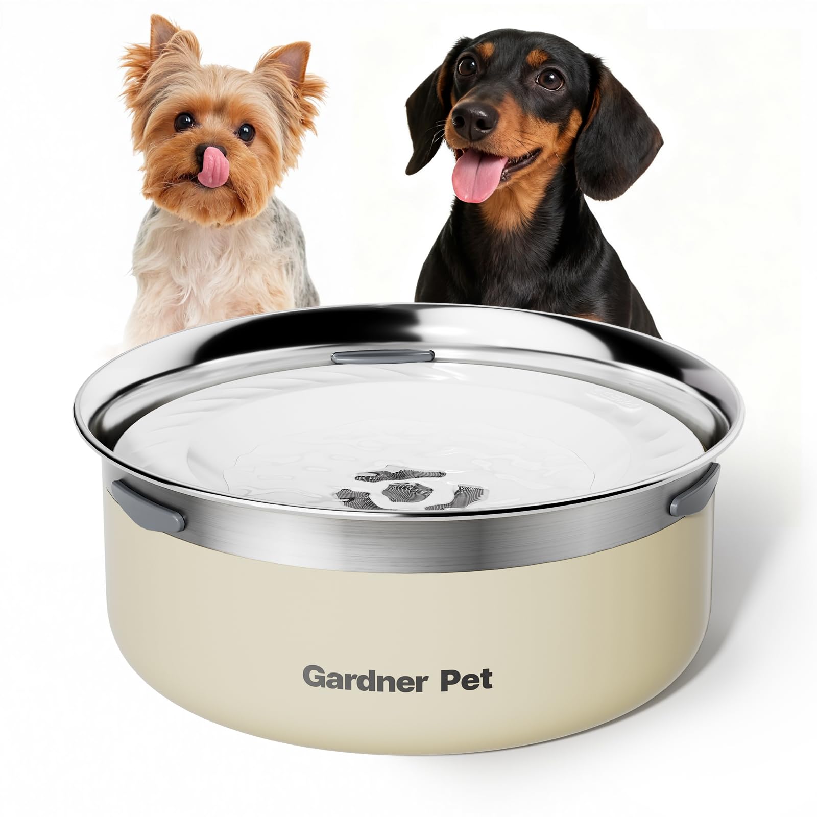 Gardner Pet Slow Water Bowl with floating disk—promotes controlled sipping in dogs.