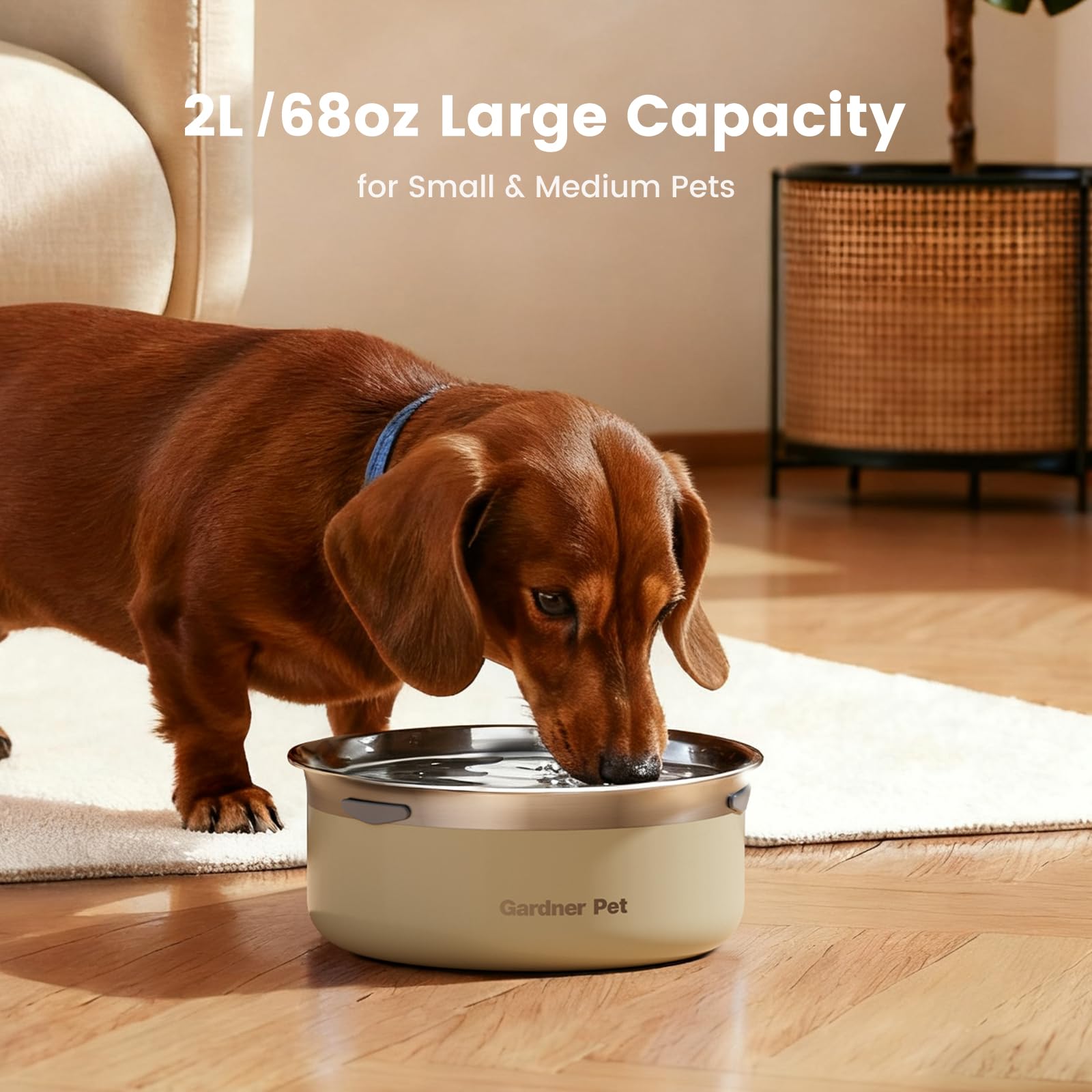 Gardner Pet Slow Water Bowl stainless steel base—rust-resistant hydration for daily use.