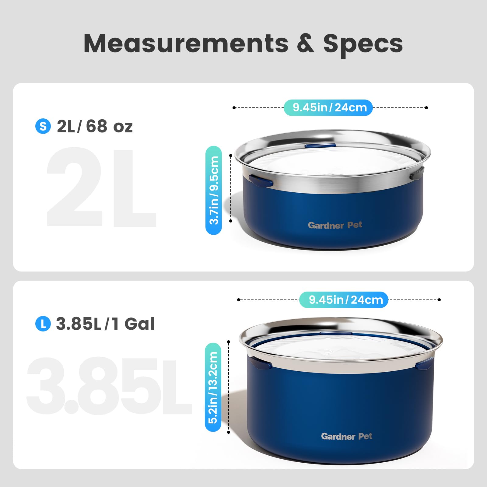Gardner Pet Slow Water Bowl stainless steel base resists rust and cleans easily.