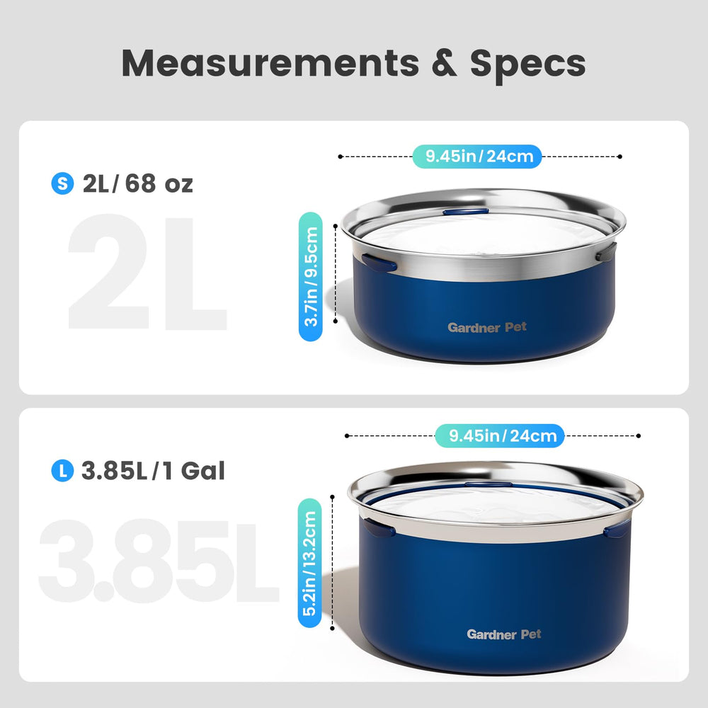 Gardner Pet Slow Water Bowl stainless steel base resists rust and cleans easily.