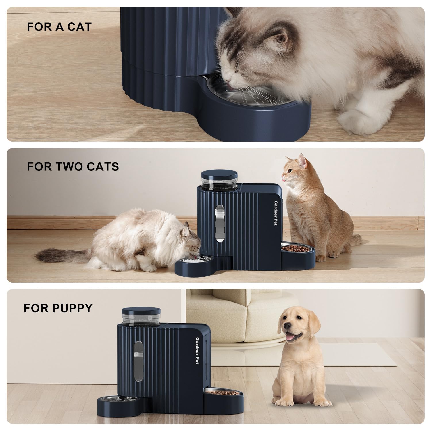 Gardner Pet stainless steel bowl removal allows quick cleaning.