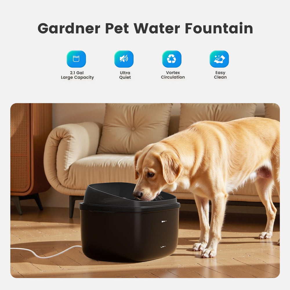 Gardner Pet transparent water tank allows quick monitoring of levels.