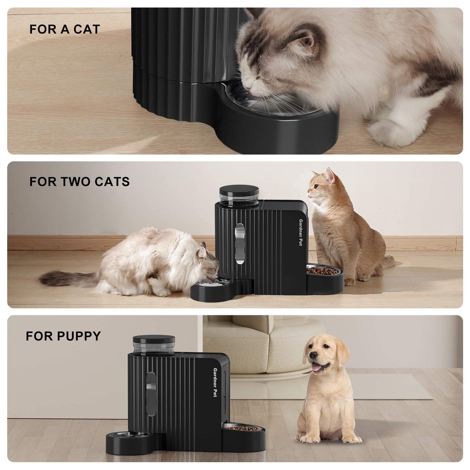 Gardner Pet two transparent windows monitor food and water levels at a glance.