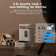 Gardner Pet water dispenser side view shows 6.5L capacity for multi-pet homes