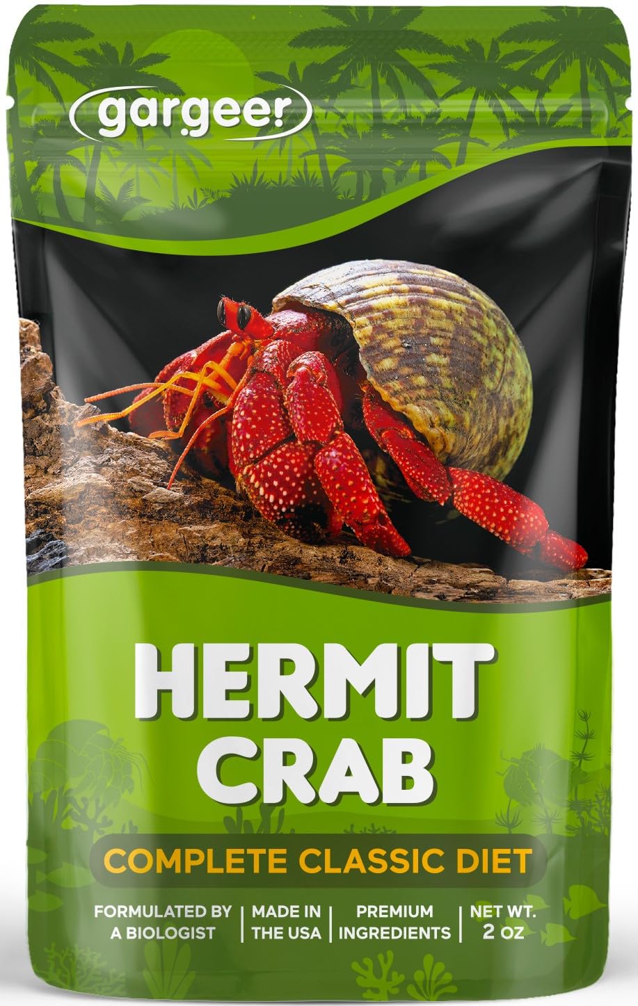 Gargeer hermit crab complete diet packaging highlights premium ingredients.