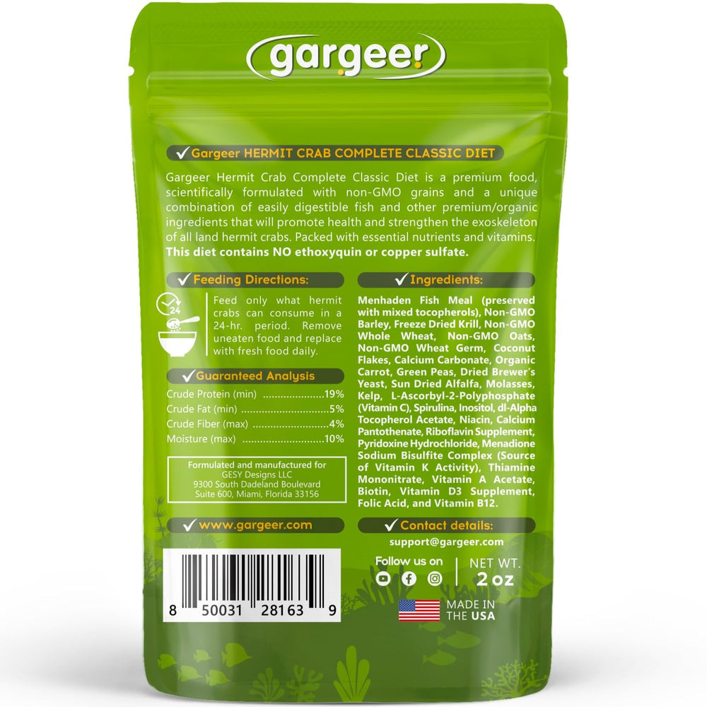 Gargeer hermit crab diet granules close-up for easy feeding.