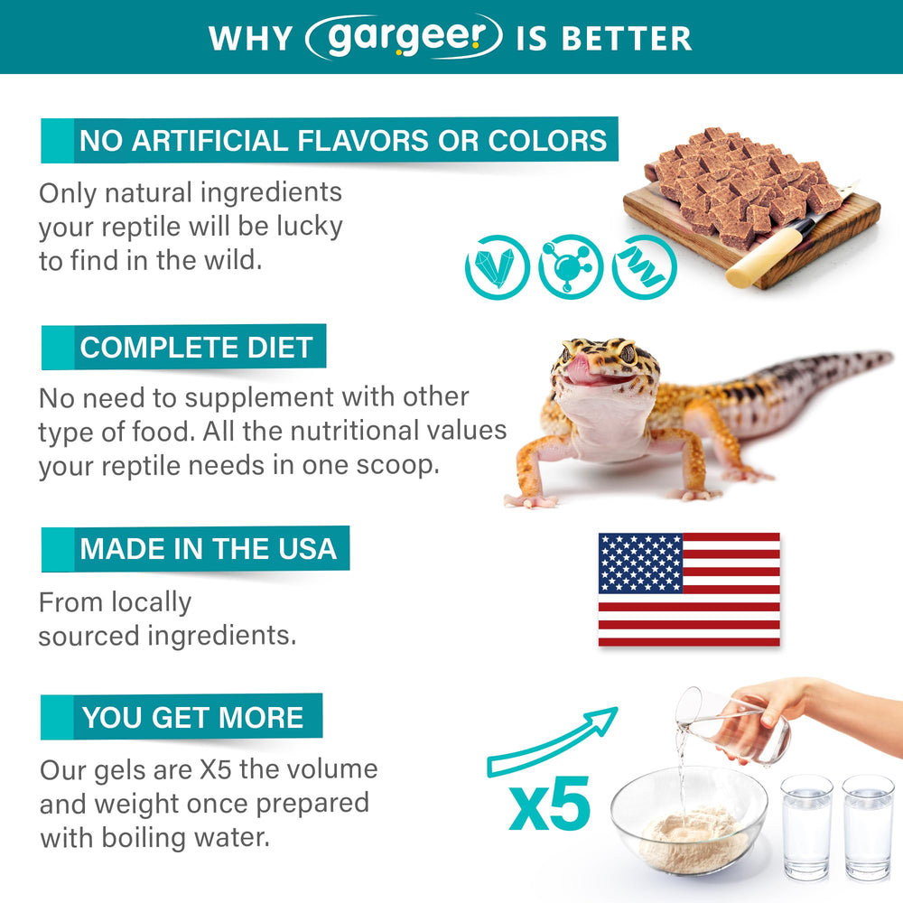 Gargeer leopard gecko complete diet without grains or artificial additives.
